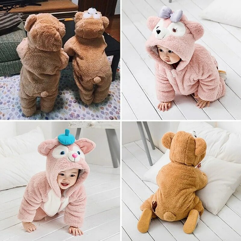 2021 śpioszki dla niemowląt niedźwiedź dziewczyny ubrania noworodki solidna Cartoon piżamy ciepłe zimowe zwierząt niemowlę kombinezony maluch polar odzież