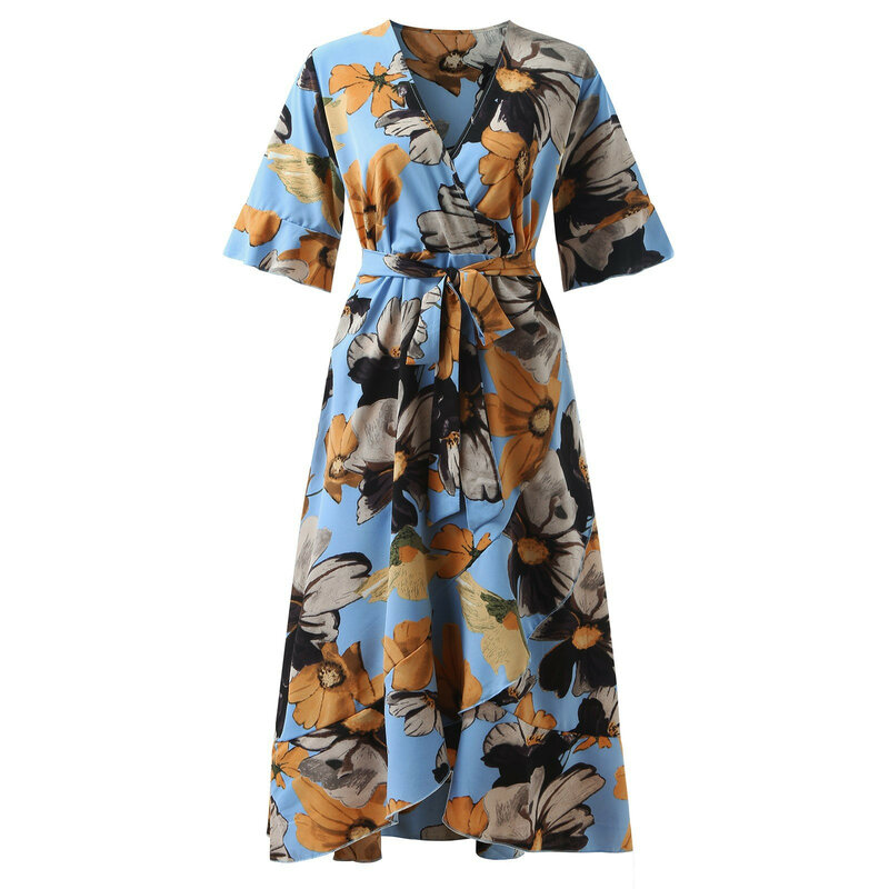 Summer Dresses Plus Size Fashion Women V-Neck Bandage Floral Printing Short Sleeve Dress free shipping