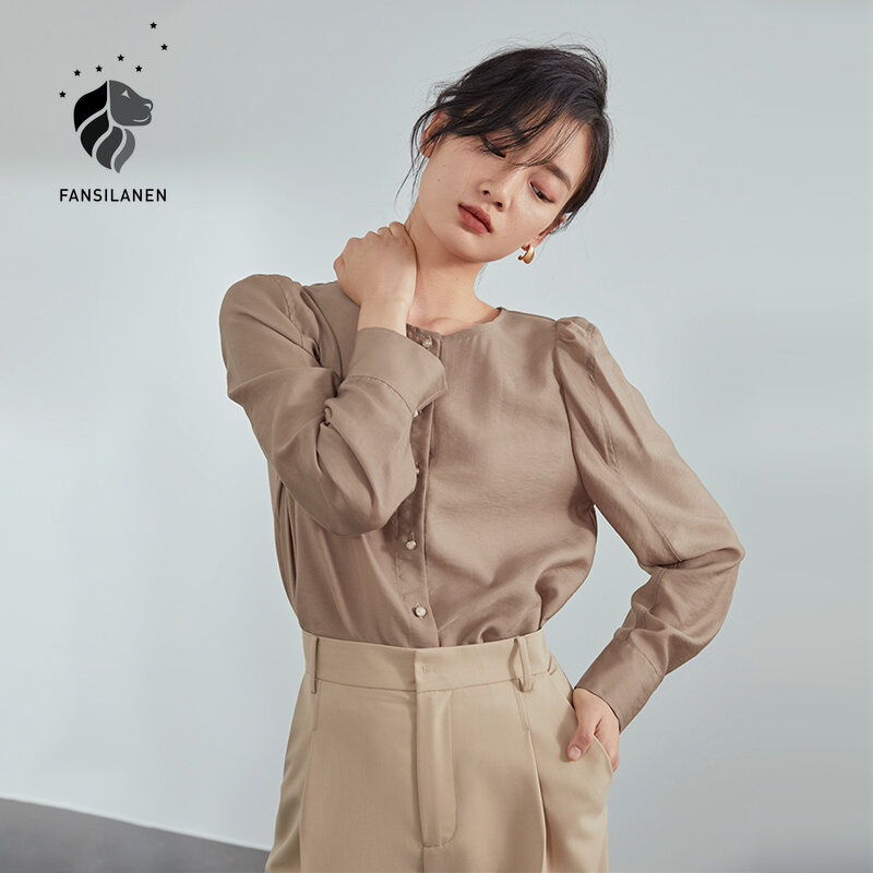 FANSILANEN-멀티 컬러 퍼프 슬리브 셔츠, 여성 얇은 섹션 2021 봄 신상품 라운드 넥 단색 셔츠, 여성 상의, 격자 무늬 블라우스