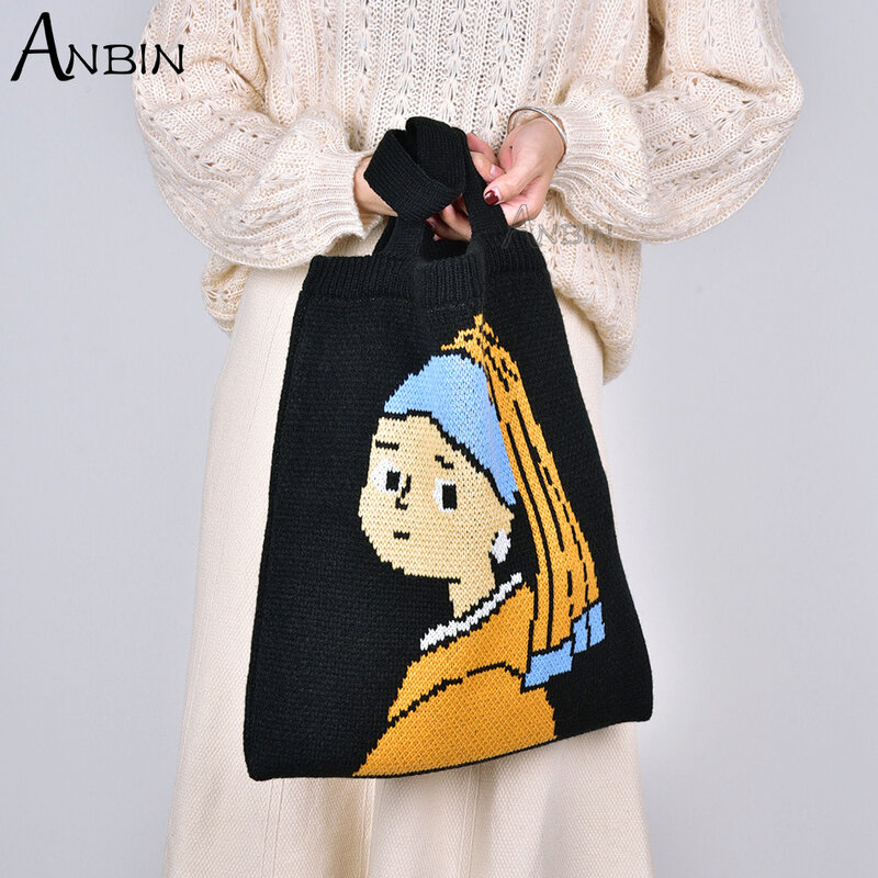 Sacos de ombro feminino clássico menina padrão de malha tote anime woolen tecido senhora bolsas casual grande capacidade viagem saco de compras