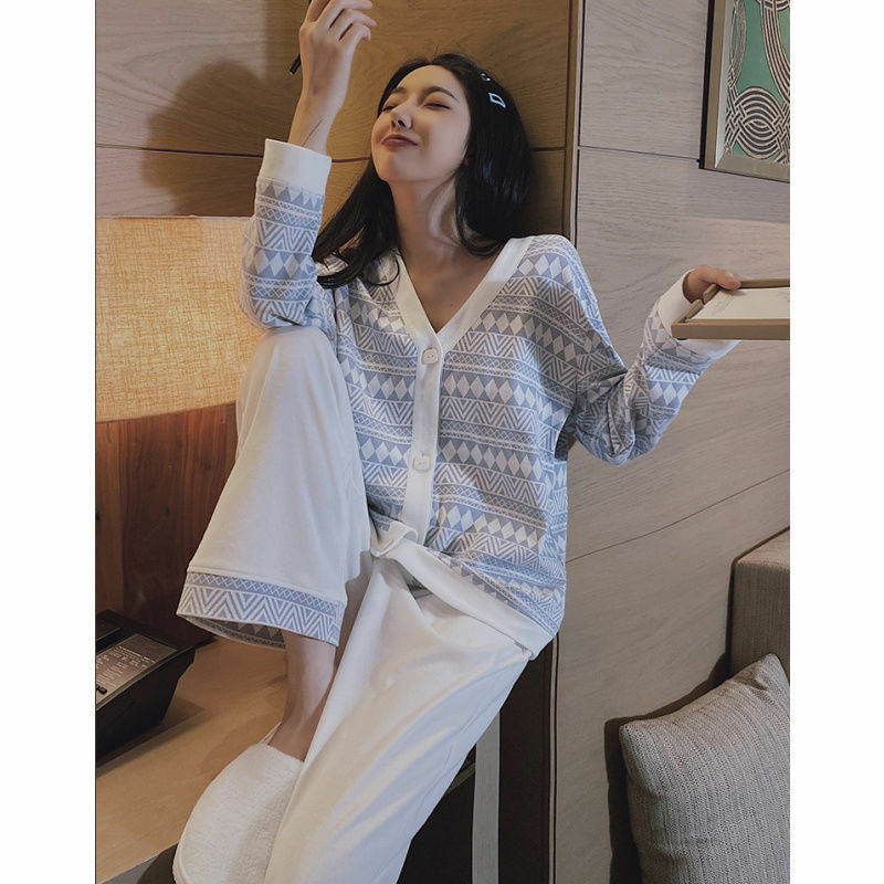 QWEEK-Pijama de punto para mujer, conjunto de ropa de dormir de manga larga cálida, con diseño geométrico, para Otoño e Invierno