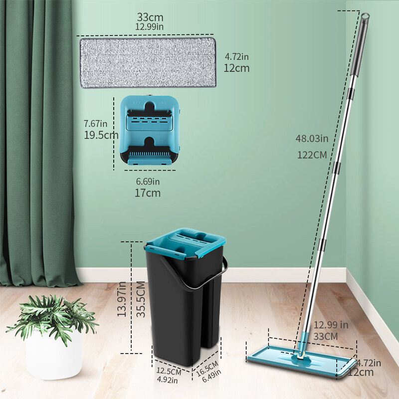 Platte Squeeze Mop Met Emmer 360 Rotating Hand Gratis Wassen Floor Cleaning Mop Microfiber Pads Nat Droog Gebruik Thuis Keuken gereedschap