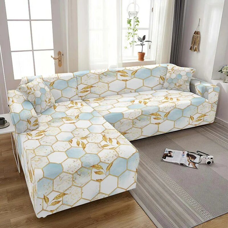 Эластичный чехол для дивана с мраморным принтом, L-образный угловой чехол для гостиной, 1-4 места