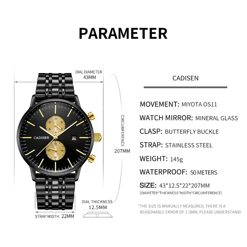 CADISEN-reloj analógico de acero inoxidable para hombre, accesorio de pulsera de cuarzo resistente al agua 50M con movimiento japonés MIYOTA OS11, complemento Masculino de marca de lujo