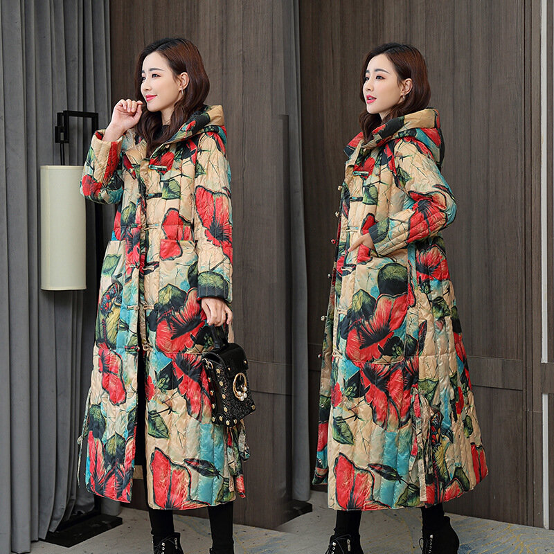 2021 겨울 여성 다운 재킷 어머니의 면화 패딩 코트 면화 긴 면화 패딩 코트 새 코트 인쇄 코트
