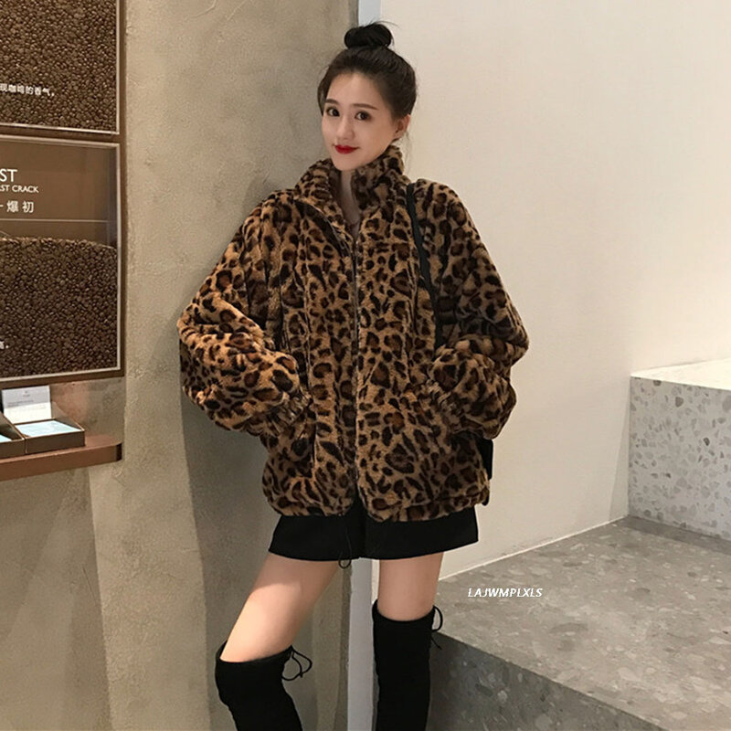 Fuzzy casaco de pele casaco de inverno jaqueta feminina chaqueta leopardo vintage gola com zíper outwear senhora solta plus size superior streetwear