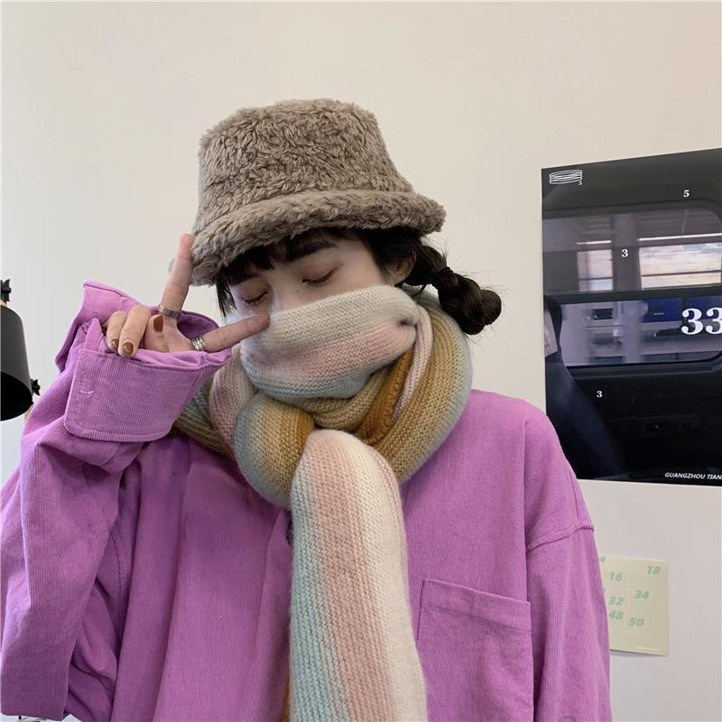 브랜드 디자인 레인보우 스트라이프 니트 스카프 여성용 겨울 스위트 걸스 귀여운 따뜻한 Neckerchief 여성 숄 랩 Thicken Foulard
