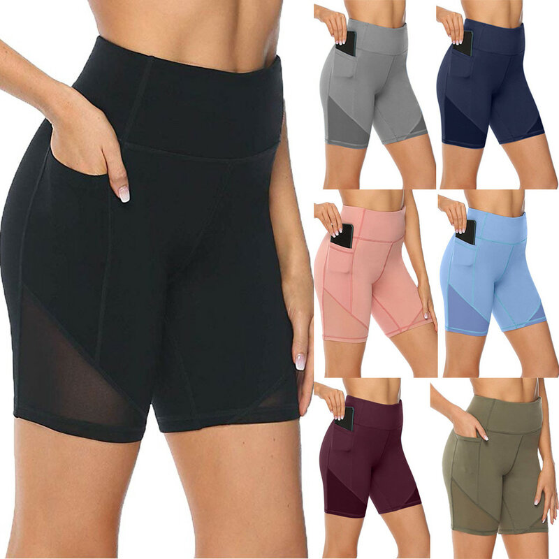 Gym jogging correndo shorts sólido yoga shorts mulheres cintura alta levantamento empurrar para cima apertados esportes bolso treinamento de fitness curto pant