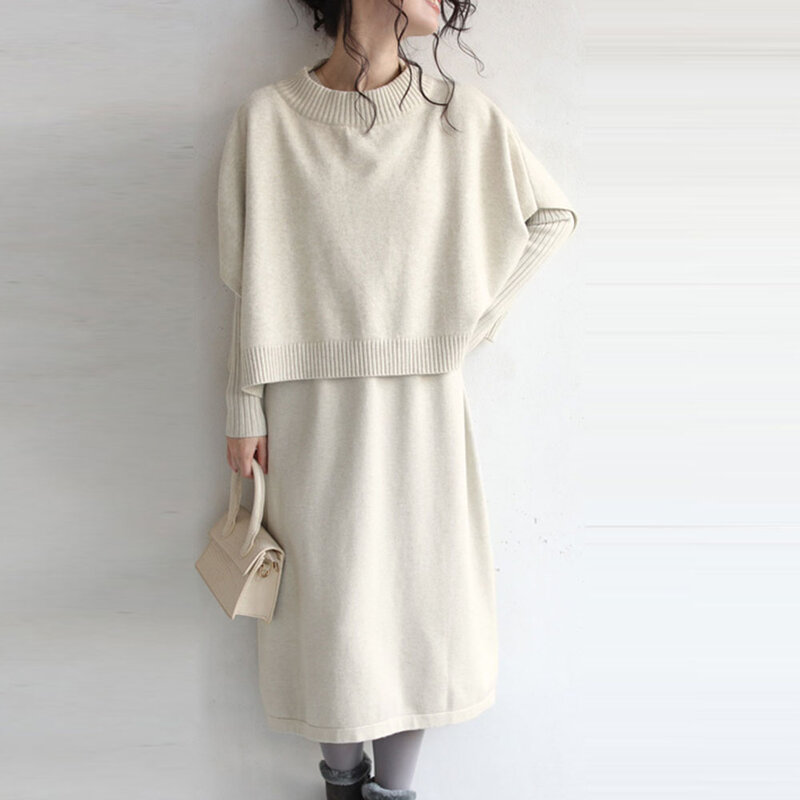 2021 New Autumn Two Piece Sets For Women Solid Color Knitted Loose Blouse Top Elegant Pullover And Mid-length A-line Dress