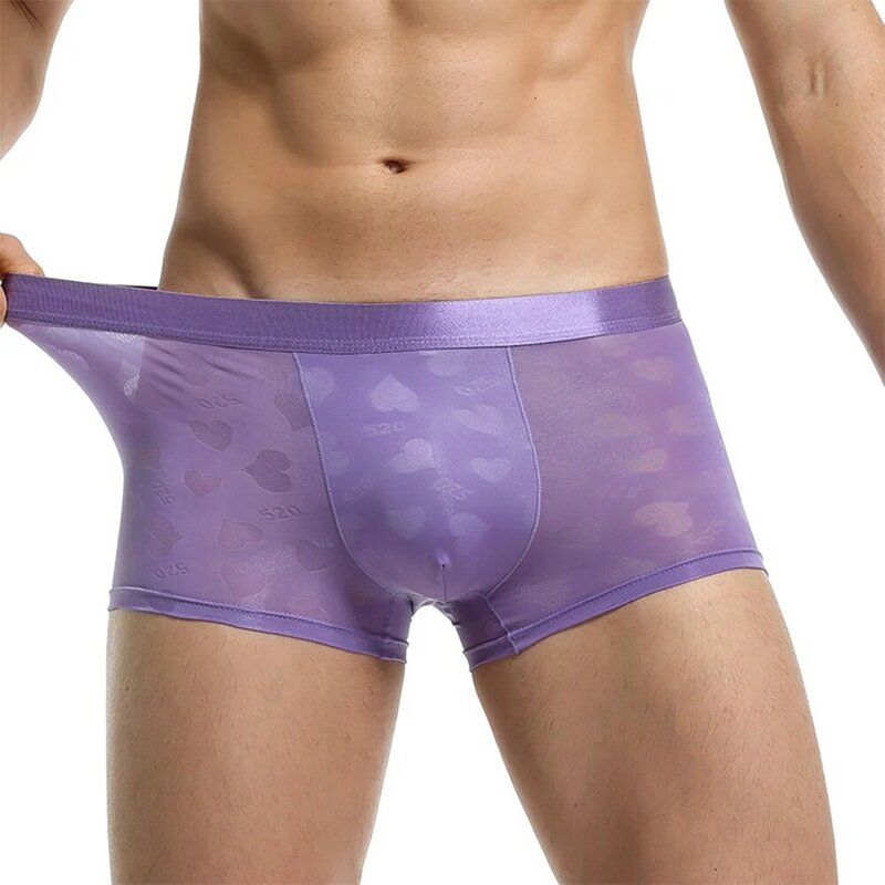 Boxers masculinos sexy transparente amor jacquard seção fina respirável boxer duplo shorts u convexo bolsa roupa interior exótica gay pant