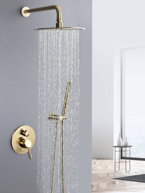 VOURUNA Brushed Golden Shower Set Bathroom In Wall Mounted Bathing Shower System Combination Mixer Faucet
