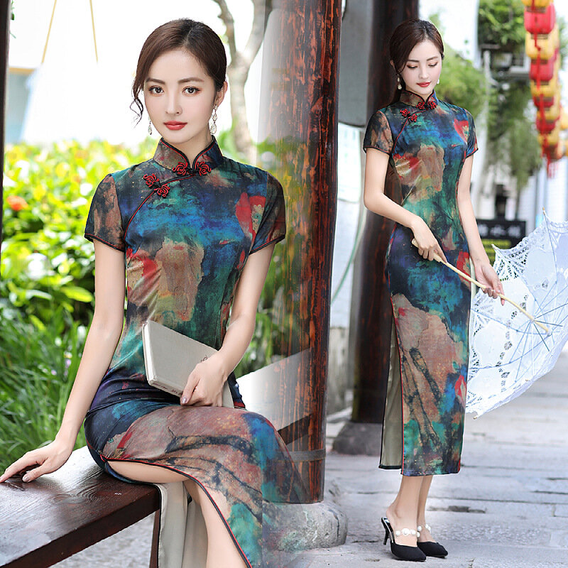 Gaun Qipao Tradisional Gaya Cina untuk Wanita Gaun Cheongsams Motif Bunga Elegan Vintage Gaun Pesta Wanita