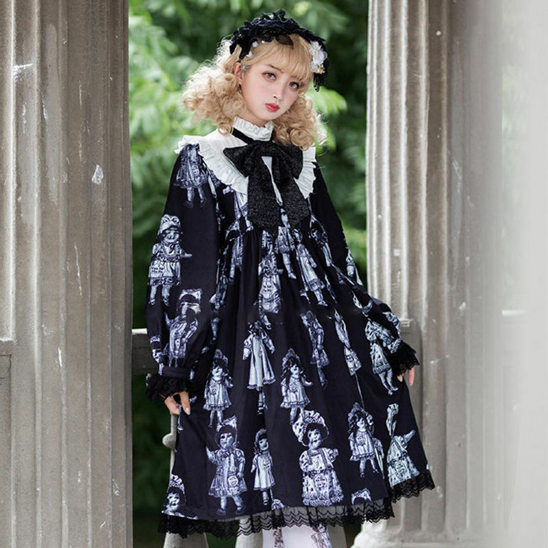 Halloween Dark Gothic Lolita OP Dress Women Vintage Elegant Long Sleeve Bow Princess Strap Dresses Girls Sweet Tea Party Dress