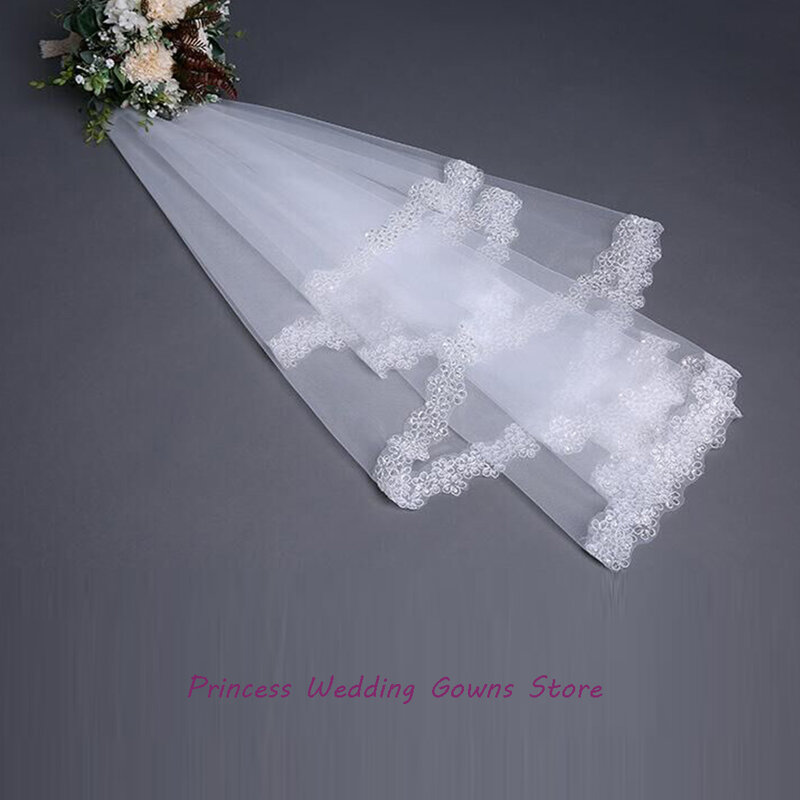 White Ivory One Layer Wedding Veils Appliques Lace Bridal Veil for Bride 2021 Fashion Wedding Accessory 1.5m No Comb