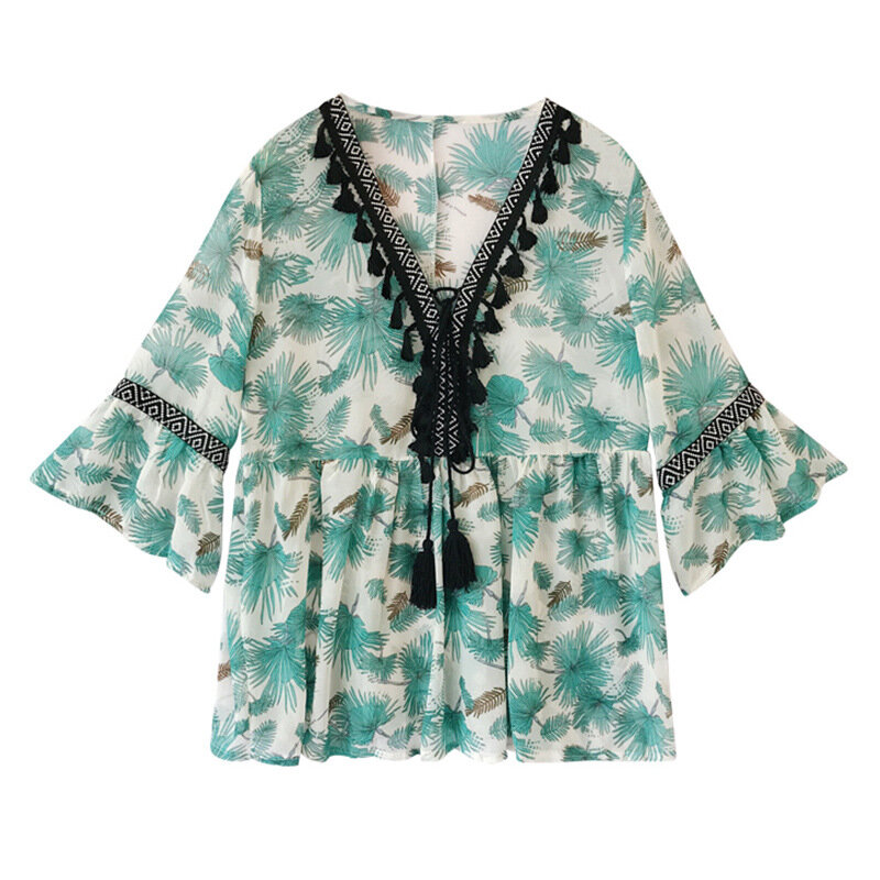 Yg 브랜드 여성복, 여름 꽃 무늬 쉬폰 넉넉한 v넥 탑, 술 플레어 슬리브 레트로 쉬폰 티셔츠