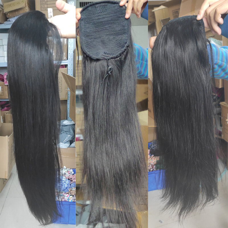 Extensiones de cabello humano con coleta para mujer, coletas de cabello brasileño liso con Clip, con cordón, Remy, 1 unidad