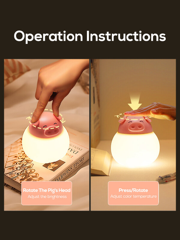Piggy-luz nocturna de silicona con forma de Animal para niños, lámpara de noche recargable por USB, sombra de Luna, para dormitorio