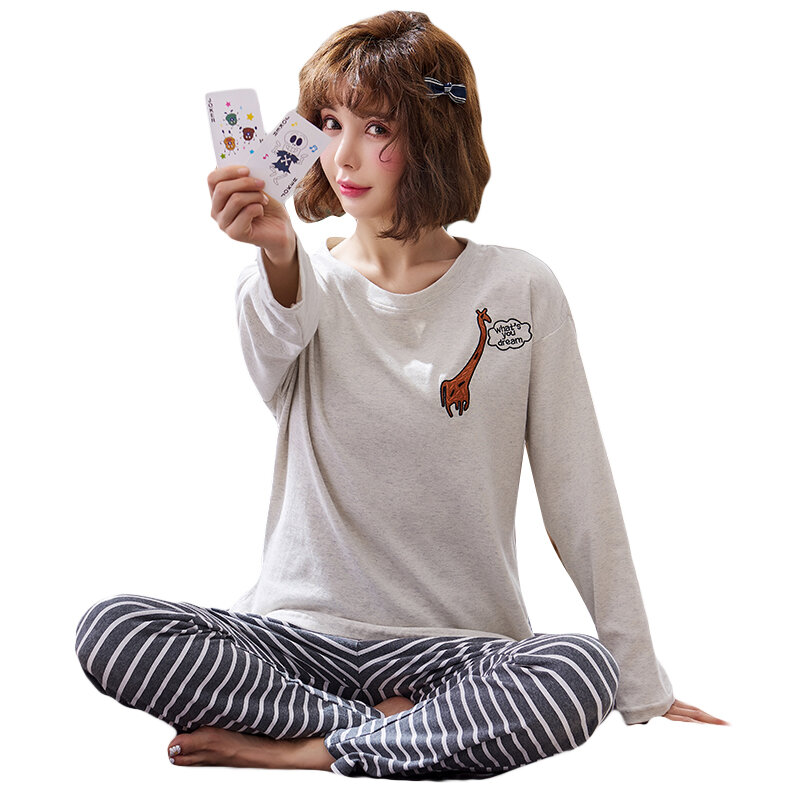 Pijama de outono de algodão feminino, pijama fofo com mangas compridas listradas estilo coreano