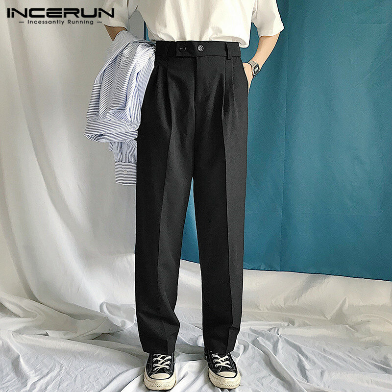 INCERUN Leisure สีทึบกางเกงหลวมตรงกางเกงแฟชั่นซิป Baggy กางเกง Man Comfy ปุ่ม Pantalon 5XL