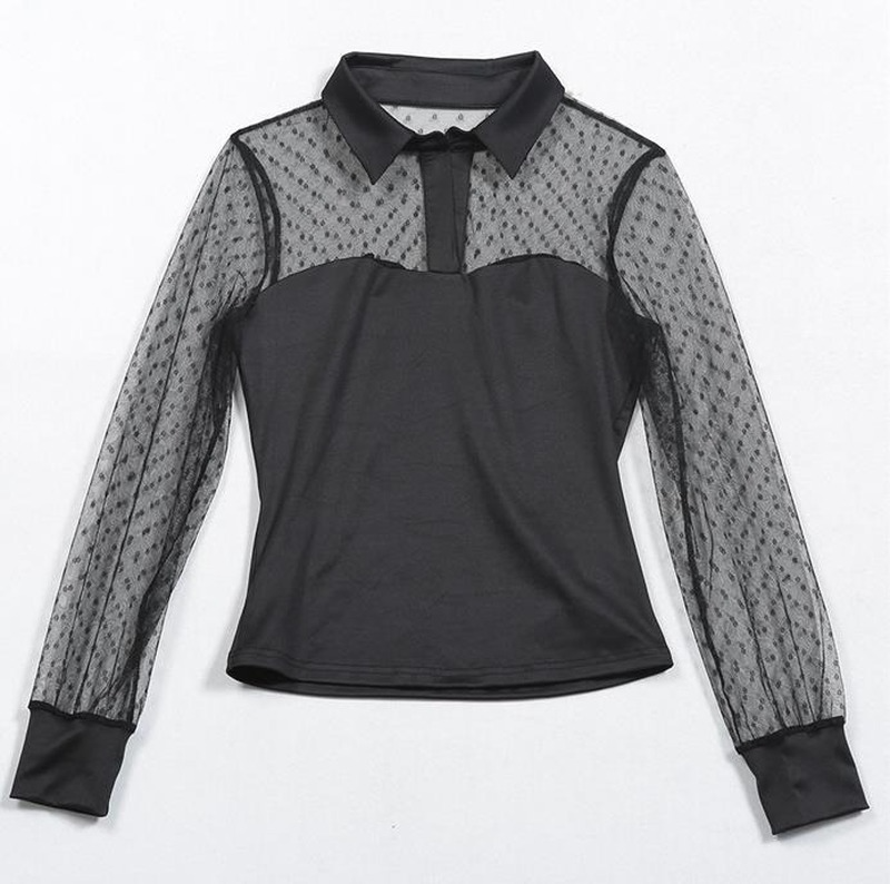 Блузка женская шифоновая с длинным рукавом, пикантная рубашка в черный горошек, с V-образным вырезом, с пышными рукавами, кружевная газовая о...