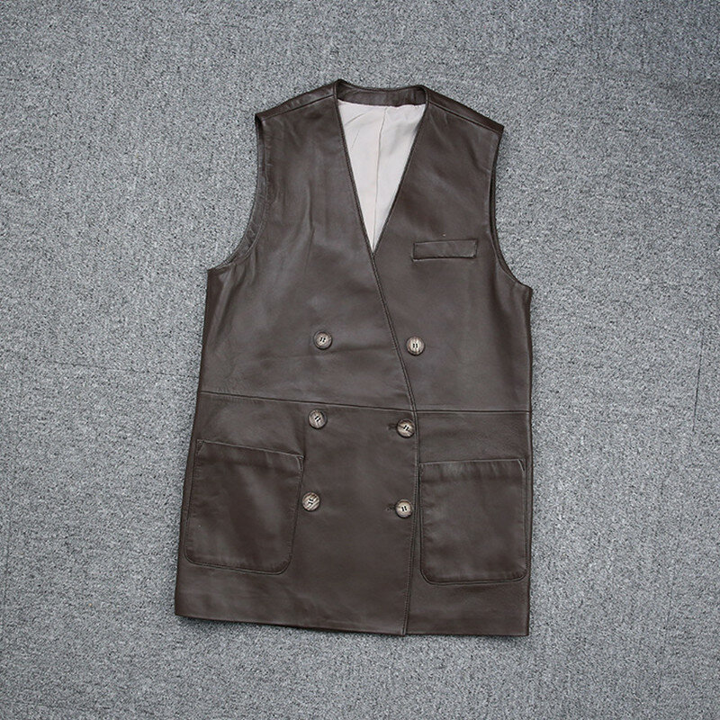 Fabriek Nieuwe Collectie Vrouwen Casual V-hals Double Breasted Echte Schapenvacht Lederen Vest