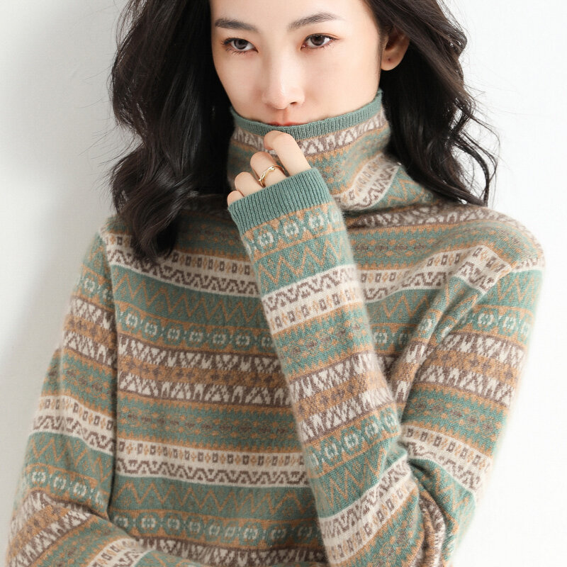 Autunno inverno nuove donne maglione lavorato a maglia di lana vento etnico collo alto manica Iong maglione spesso Pullover camicia a fondo usura esterna