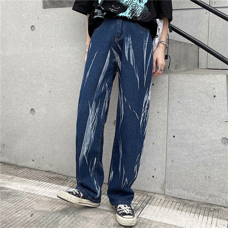 Harajpoo Couple Pants 2021 Spring Autumn Korean INS Trendy Street Hip-Hop Style Wide-Leg Straight Color Block Loose Casual Jeans