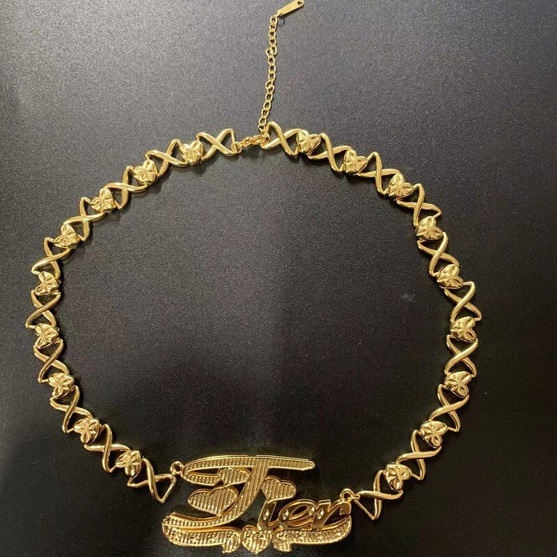 Collar de cobre con placa de nombre personalizada para mujer, gargantilla de doble capa 3D con nombre personalizado, XOXO, chapado en oro, regalo para mujer