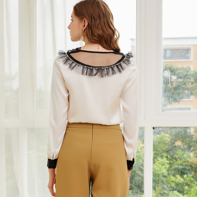 Blusa solta de manga comprida com decote em v, blusa feminina manga comprida com laço de contas artesanal, venda direta da fábrica, primavera e outono 2021