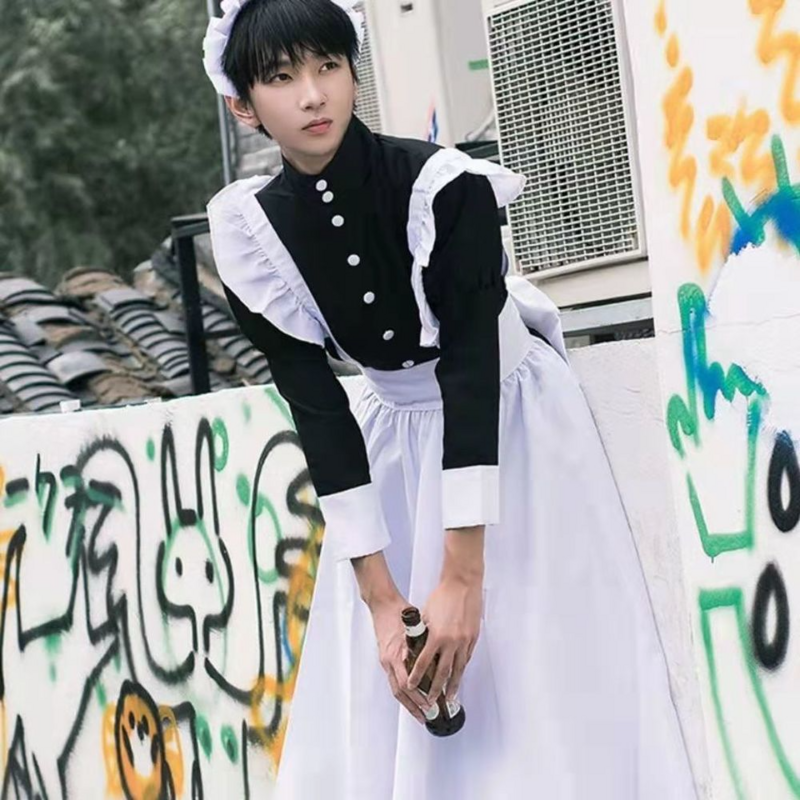 Halloween Kostüme für Männer Frauen Maid Outfit Anime Sexy Schwarz Weiß Schürze Kleid Süße Gothic Lolita Kleider Cosplay Kostüm