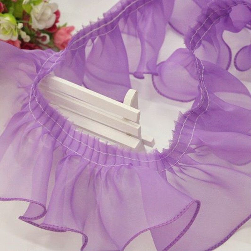 1M 고품질 Tulle 레이스 원단 Ruffle 리본 8cm 쉬폰 레이스 트림 칼라 오렌지 핑크 퍼플 끈 재봉 드레스 Guipure QW18