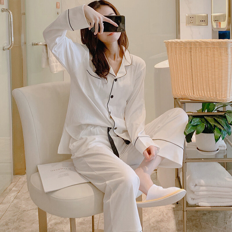 Korean Pajamas Women's Spring and Autumn Thin Long Sleeved Cardigan Simple and Sweet Autumn and Winter Can Wear Pure Cotton Home