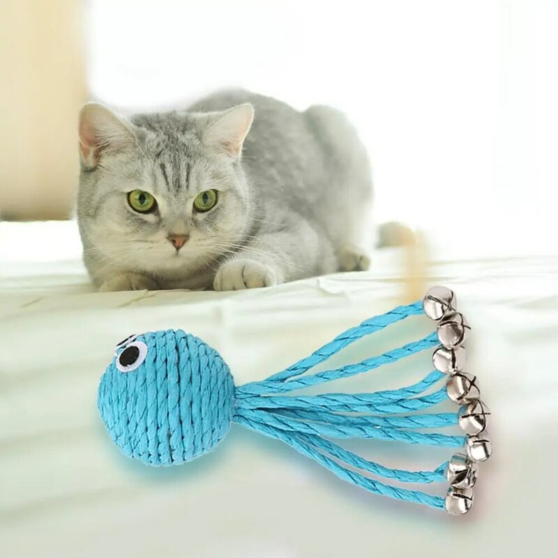 Jouets pour animaux de compagnie, 1 pièce, pieuvre tissée par corde de papier, jouet pour animaux de compagnie, avec clochette, jouet interactif pour chaton, boule pour chat, fournitures amusantes