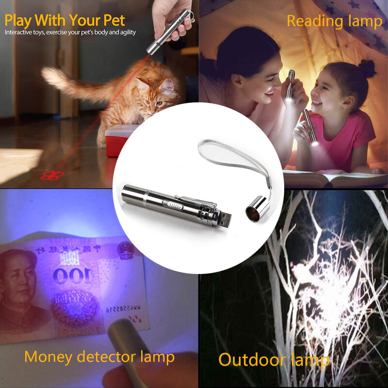Juguete para mascotas recargable por USB 3 en 1, Mini linterna LED roja, puntero láser, bolígrafo divertido para gato, suministros para mascotas
