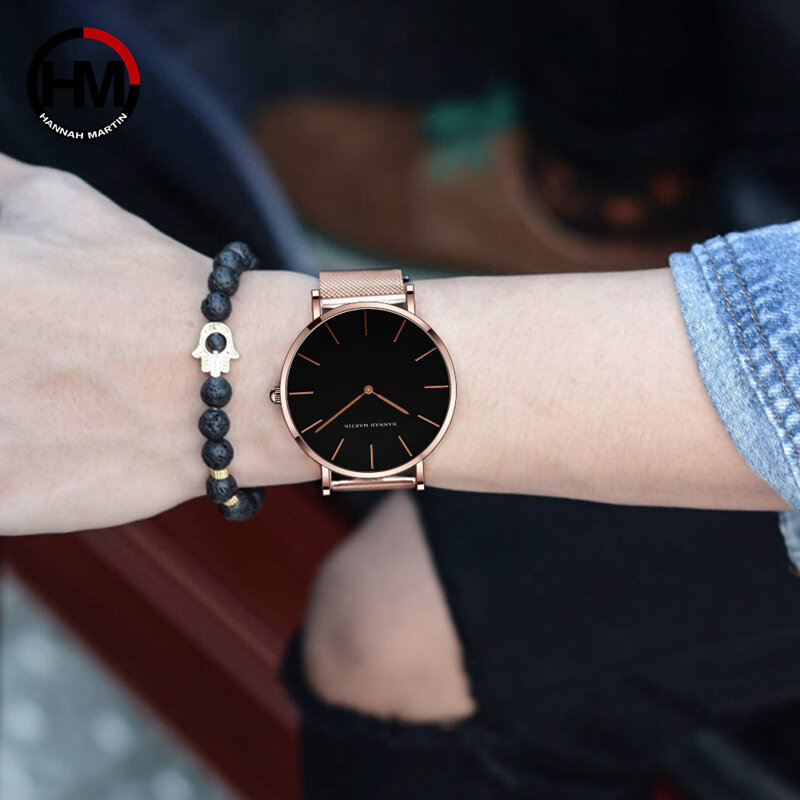 Часы Hannah Martin женские водонепроницаемые с японским механизмом, люксовые черные повседневные с сетчатым браслетом, подарок для женщин