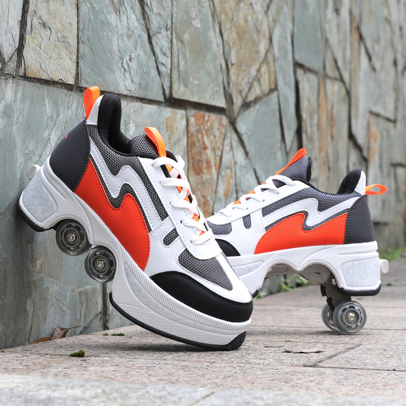 Deform-patines de doble fila para correr, calzado automático de cuatro ruedas, doble uso, para monopatín