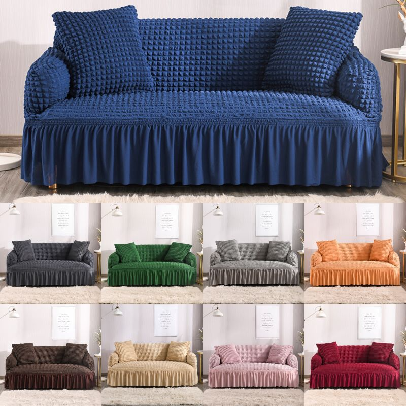Ruffled Seersucker Sofa Cover for Living Room Thick Elastic Solid Stretch Couch Slipcovers Sofa Armchair Covers 1/2/3/4 Seater