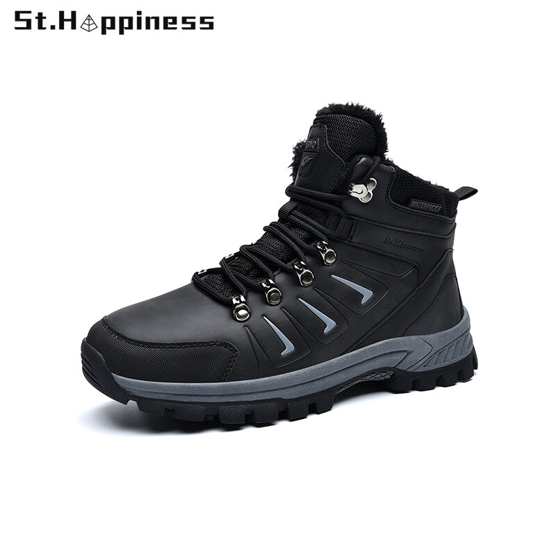 2021 Winter New Men Boots Fashion Waterproof Leather High Top Casual Boots Outdoor Warm Plush Non Slip Hiking Boots Big Size 47