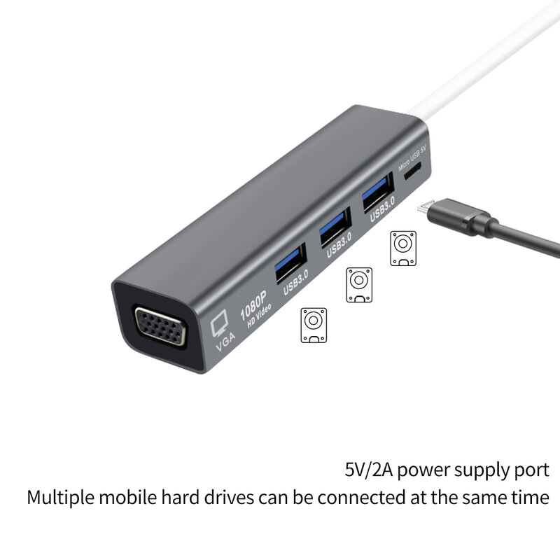 Kshd adaptador USB a VGA HD 1080P 3 puertos USB 3,0 HUB Splitter Cable divisor estación de carga micro-USB para PC portátil proyector