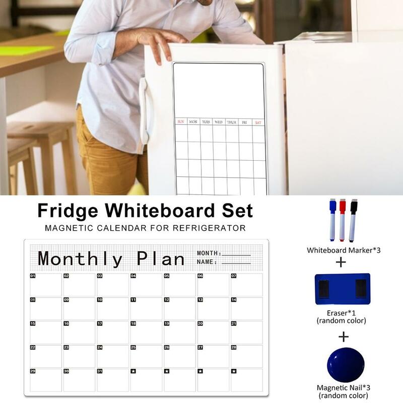 Conjunto de calendário magnético para refrigerador, placa de mensagens regravável adesivo de calendário magnético