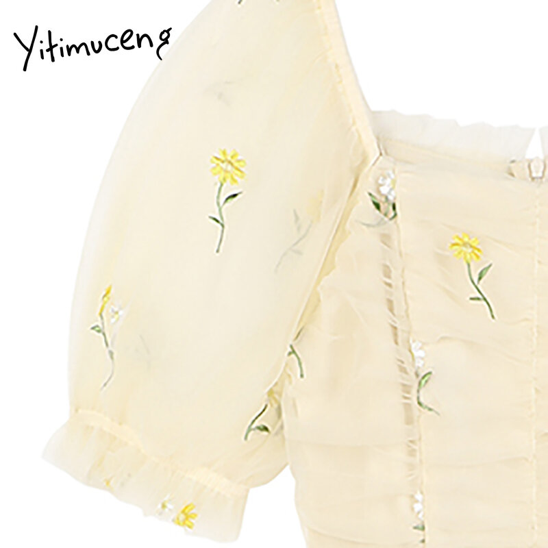 Женское летнее муслиновое платье Yitimuceng с вышивкой, с высокой талией и пышными рукавами, с квадратным вырезом, одноцветное желтое Модное Нов...