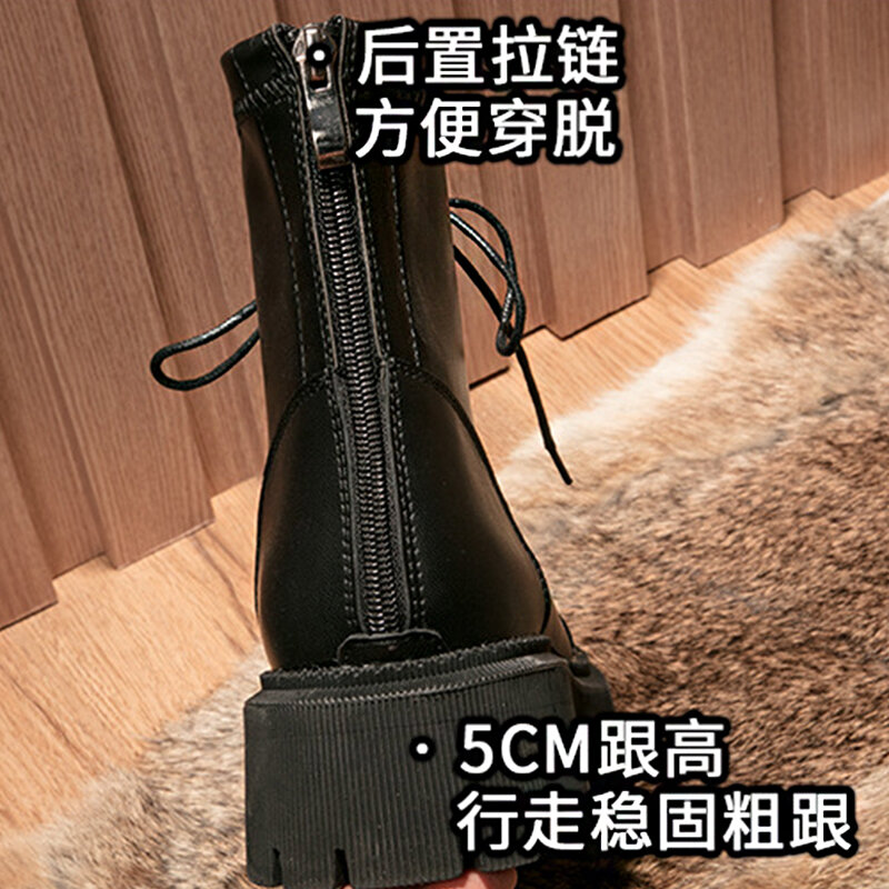 Autumn/Winter2021 New Women's Mid-tube Thick-soled Martin Boots Women's Microfiber Lace-up Rear Zipper Ankle Boots Women's Shoes