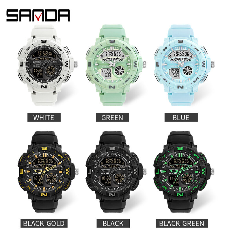 Часы наручные SANDA Мужские кварцевые Светодиодные, модные спортивные цифровые, водонепроницаемые армейские, с двойным дисплеем