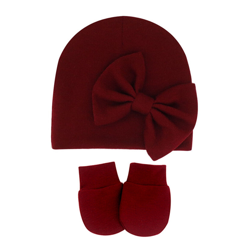 Autumn and Winter Soft Warm Infant Hat and Gloves Set Solid Color Bowknot Newborn Caps Baby Girls Anti-Grab Face Protect Mitten