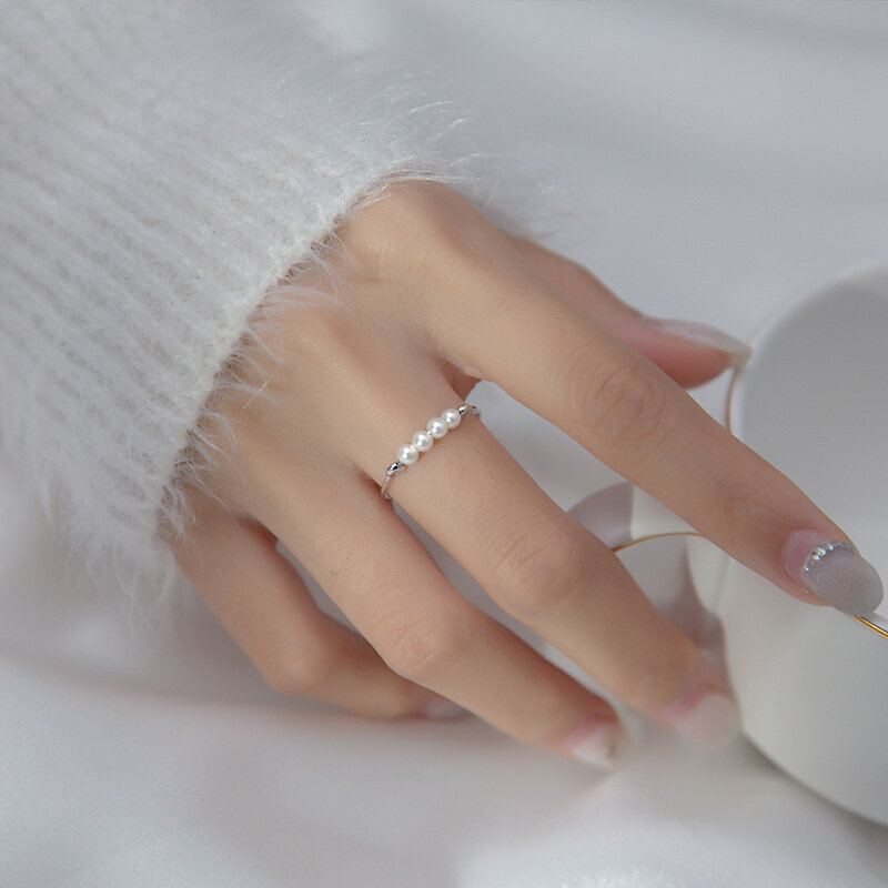 여성을위한 정품 925 스털링 실버 귀여운 작은 진주 오픈 반지 저자 극성 보석