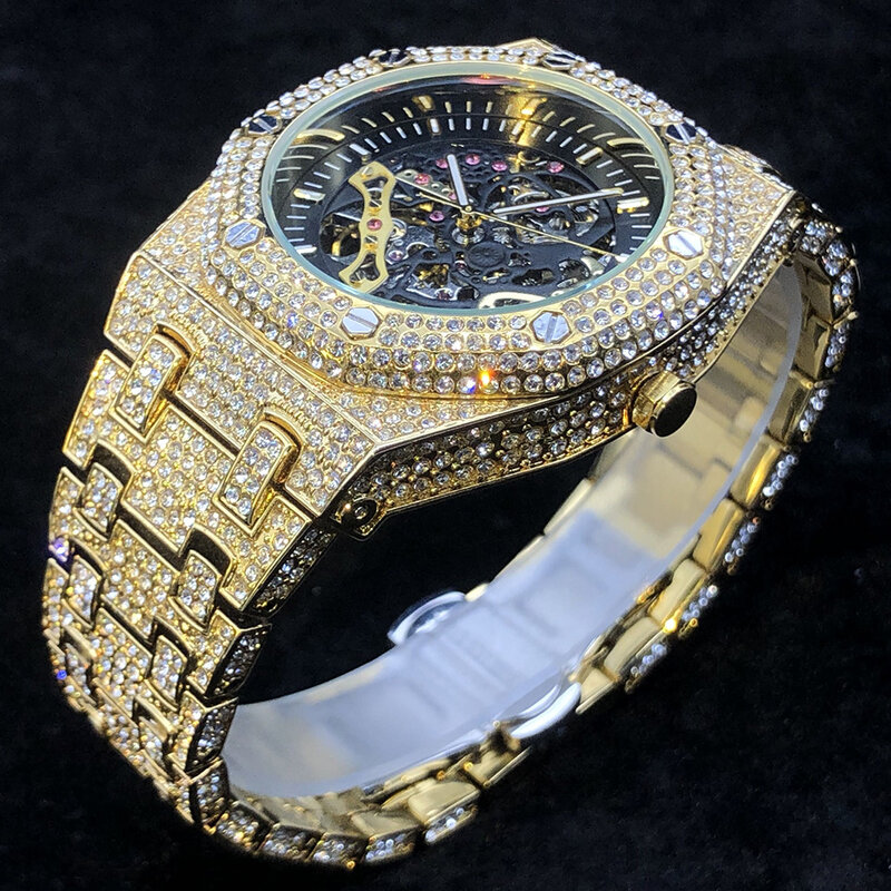 Missfox diamante completo automático relógios mecânicos homens esqueleto de aço luxo relógio hip hop ice out tourbillon relógio de pulso presente