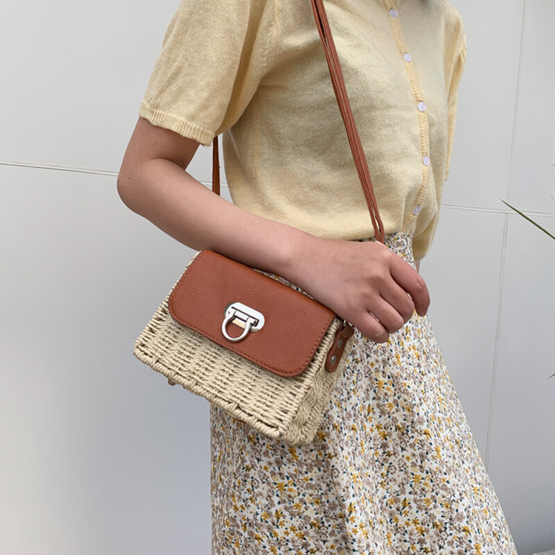 แฟชั่นกระเป๋าสะพายเล็กกระเป๋าฤดูร้อนหวาย Handmade ผู้หญิง2021ฤดูร้อนสาน Crossbody กระเป๋า Mini Travel กระเป๋าชา...