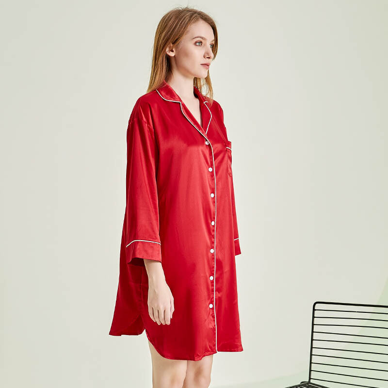2021 Red Ice Silk Nightdress Red One-piece Nightdress Shirt Skirt Imitation Silk Home Skirt Pajama Skirt Long Sleeve Fashion