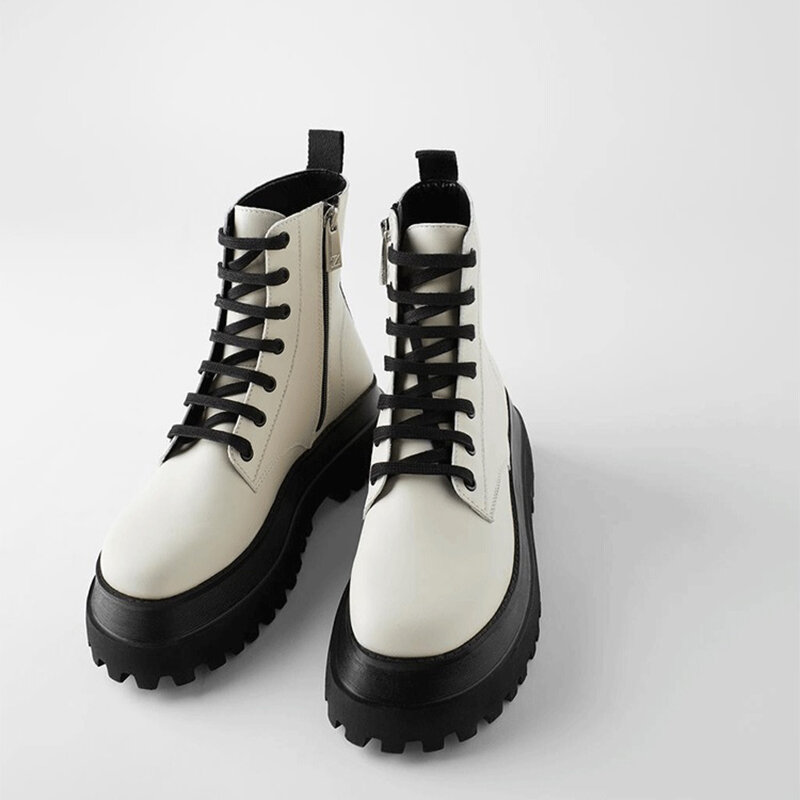 Женские ботинки на платформе, белые ботинки на массивном каблуке, Теплые ботильоны на меху, зима 2021