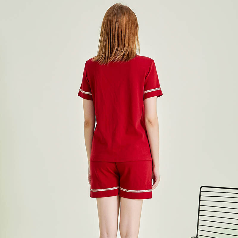 2021 hot style pajamas women summer cotton short-sleeved suit ladies lapel home service red